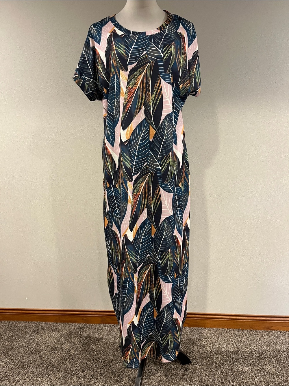 Anrabess Tropical Leaf Print short sleeves Maxi Dress size XL